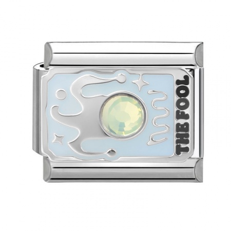 Picture of 1 Piece 304 Stainless Steel Tarot Italian Charm Links For DIY Bracelet Jewelry Making Wholesale Silver Tone French Gray Enamel Rectangle Message " THE FOOL " 10mm x 9mm