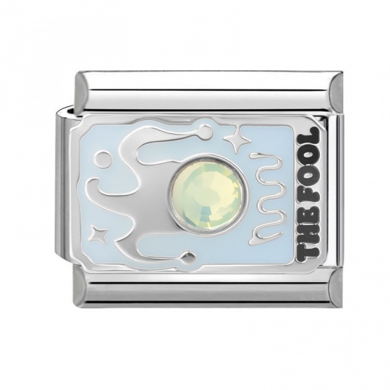 Picture of 1 Piece 304 Stainless Steel Tarot Italian Charm Links For DIY Bracelet Jewelry Making Wholesale Silver Tone French Gray Enamel Rectangle Message " THE FOOL " 10mm x 9mm