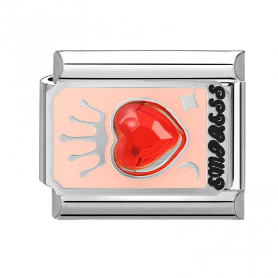 Picture of 1 Piece 304 Stainless Steel Tarot Italian Charm Links For DIY Bracelet Jewelry Making Wholesale Silver Tone Peachy Beige Enamel Rectangle Message " THE EMPRESS " 10mm x 9mm