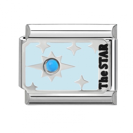 Picture of 1 Piece 304 Stainless Steel Tarot Italian Charm Links For DIY Bracelet Jewelry Making Wholesale Silver Tone Light Blue Enamel Rectangle Message " THE STAR " 10mm x 9mm