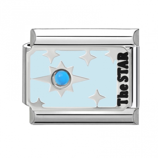 Picture of 1 Piece 304 Stainless Steel Tarot Italian Charm Links For DIY Bracelet Jewelry Making Wholesale Silver Tone Light Blue Enamel Rectangle Message " THE STAR " 10mm x 9mm
