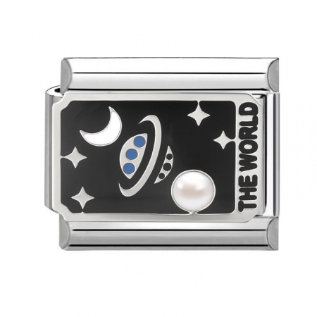 Picture of 1 Piece 304 Stainless Steel Tarot Italian Charm Links For DIY Bracelet Jewelry Making Wholesale Silver Tone Black Enamel Rectangle Message " THE WORLD " 10mm x 9mm