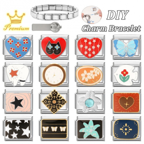 Picture of 1 Piece 304 Stainless Steel Valentine's Day Italian Charm Links For DIY Bracelet Jewelry Making Wholesale Silver Tone Blue Enamel Rectangle Heart 10mm x 9mm