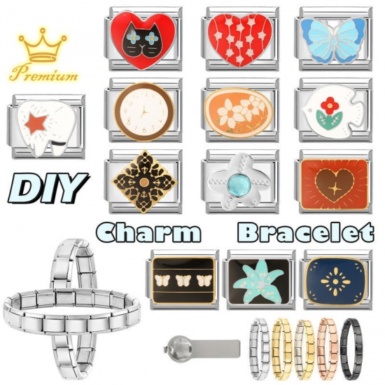 Picture of 1 Piece 304 Stainless Steel Valentine's Day Italian Charm Links For DIY Bracelet Jewelry Making Wholesale Silver Tone Blue Enamel Rectangle Heart 10mm x 9mm