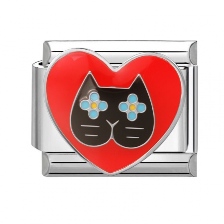 Picture of 1 Piece 304 Stainless Steel Valentine's Day Italian Charm Links For DIY Bracelet Jewelry Making Wholesale Silver Tone Red Enamel Rectangle Cat 10mm x 9mm