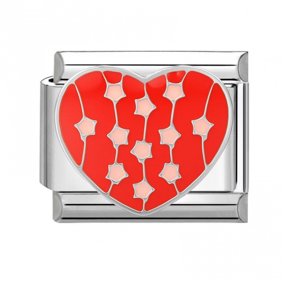 Picture of 1 Piece 304 Stainless Steel Valentine's Day Italian Charm Links For DIY Bracelet Jewelry Making Wholesale Silver Tone Red Enamel Rectangle Heart 10mm x 9mm