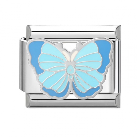 Picture of 1 Piece 304 Stainless Steel Insect Italian Charm Links For DIY Bracelet Jewelry Making Wholesale Silver Tone Blue Enamel Rectangle Butterfly 10mm x 9mm