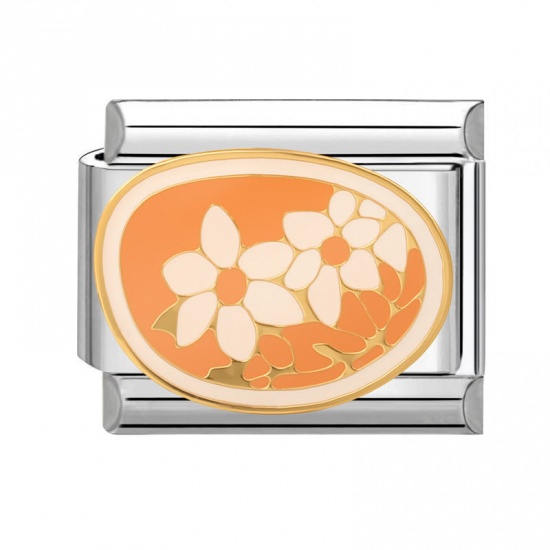Picture of 1 Piece 304 Stainless Steel Italian Charm Links For DIY Bracelet Jewelry Making Wholesale Silver Tone Orange Enamel Rectangle Flower 10mm x 9mm