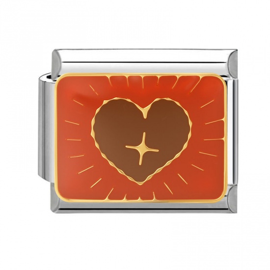 Picture of 1 Piece 304 Stainless Steel Valentine's Day Italian Charm Links For DIY Bracelet Jewelry Making Wholesale Silver Tone Brown Enamel Rectangle Heart 10mm x 9mm