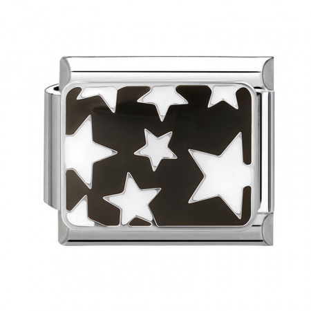 Picture of 1 Piece 304 Stainless Steel Italian Charm Links For DIY Bracelet Jewelry Making Wholesale Silver Tone Black Enamel Rectangle Star 10mm x 9mm