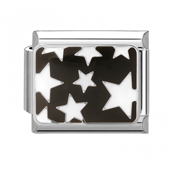 Picture of 1 Piece 304 Stainless Steel Italian Charm Links For DIY Bracelet Jewelry Making Wholesale Silver Tone Black Enamel Rectangle Star 10mm x 9mm
