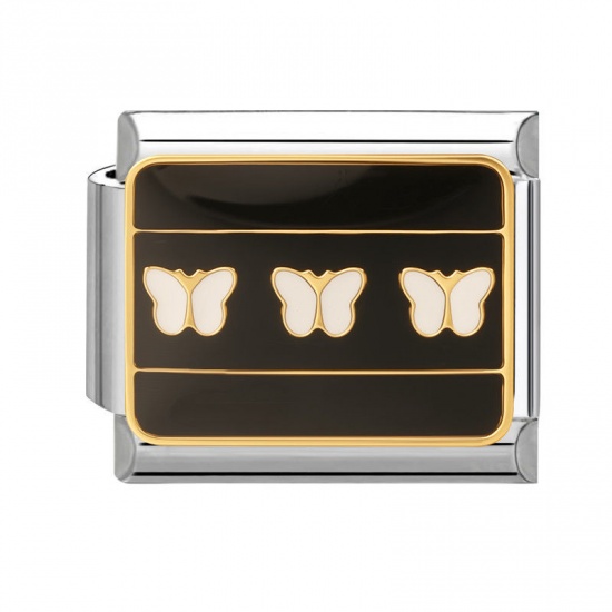 Picture of 1 Piece 304 Stainless Steel Insect Italian Charm Links For DIY Bracelet Jewelry Making Wholesale Silver Tone Pink Enamel Rectangle Butterfly 10mm x 9mm