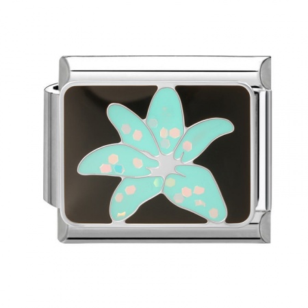 Picture of 1 Piece 304 Stainless Steel Italian Charm Links For DIY Bracelet Jewelry Making Wholesale Silver Tone Skyblue Enamel Rectangle Flower 10mm x 9mm