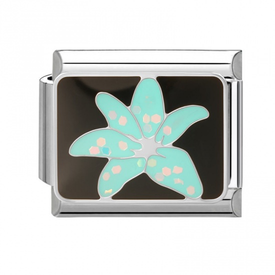 Picture of 1 Piece 304 Stainless Steel Italian Charm Links For DIY Bracelet Jewelry Making Wholesale Silver Tone Skyblue Enamel Rectangle Flower 10mm x 9mm