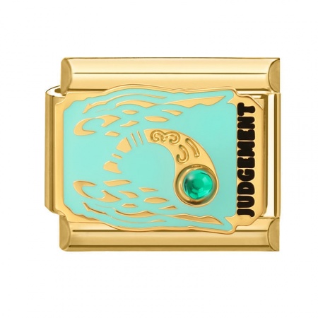 Picture of 1 Piece 304 Stainless Steel Tarot Italian Charm Links For DIY Bracelet Jewelry Making Wholesale Gold Plated Mint Green Enamel Rectangle Message " JUDGEMENT " 10mm x 9mm