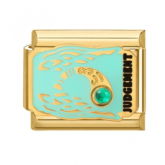 Picture of 1 Piece 304 Stainless Steel Tarot Italian Charm Links For DIY Bracelet Jewelry Making Wholesale Gold Plated Mint Green Enamel Rectangle Message " JUDGEMENT " 10mm x 9mm