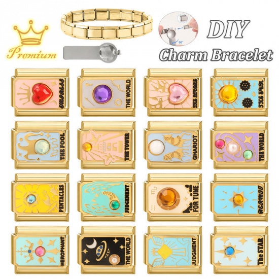 Picture of 1 Piece 304 Stainless Steel Tarot Italian Charm Links For DIY Bracelet Jewelry Making Wholesale Gold Plated Mint Green Enamel Rectangle Message " JUDGEMENT " 10mm x 9mm