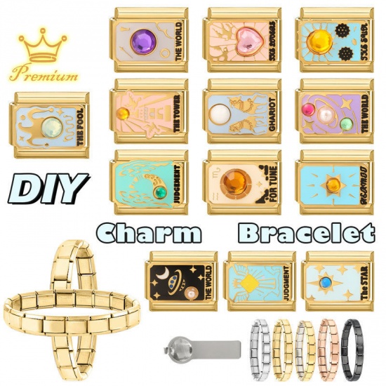 Picture of 1 Piece 304 Stainless Steel Tarot Italian Charm Links For DIY Bracelet Jewelry Making Wholesale Gold Plated Mint Green Enamel Rectangle Message " JUDGEMENT " 10mm x 9mm