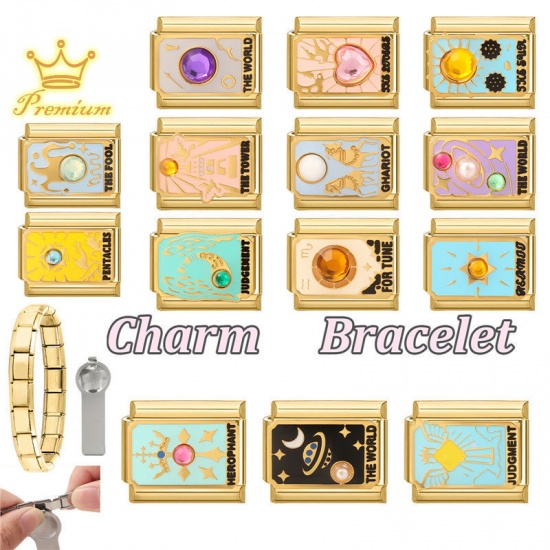 Picture of 1 Piece 304 Stainless Steel Tarot Italian Charm Links For DIY Bracelet Jewelry Making Wholesale Gold Plated Mint Green Enamel Rectangle Message " JUDGEMENT " 10mm x 9mm