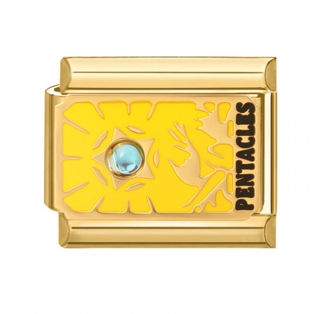 Picture of 1 Piece 304 Stainless Steel Tarot Italian Charm Links For DIY Bracelet Jewelry Making Wholesale Gold Plated Yellow Enamel Rectangle Message " Pentacles " 10mm x 9mm
