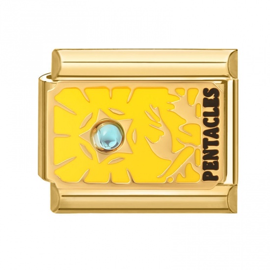 Picture of 1 Piece 304 Stainless Steel Tarot Italian Charm Links For DIY Bracelet Jewelry Making Wholesale Gold Plated Yellow Enamel Rectangle Message " Pentacles " 10mm x 9mm