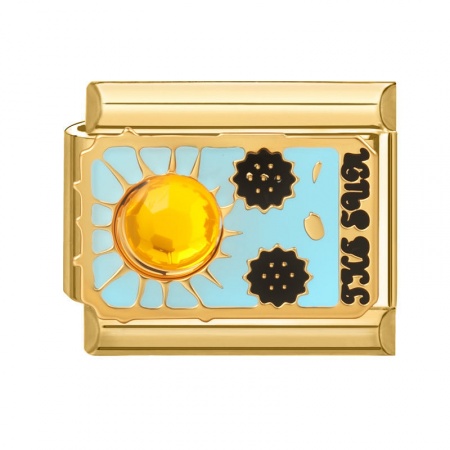 Picture of 1 Piece 304 Stainless Steel Tarot Italian Charm Links For DIY Bracelet Jewelry Making Wholesale Gold Plated Blue Enamel Rectangle Message " THE SUN " 10mm x 9mm
