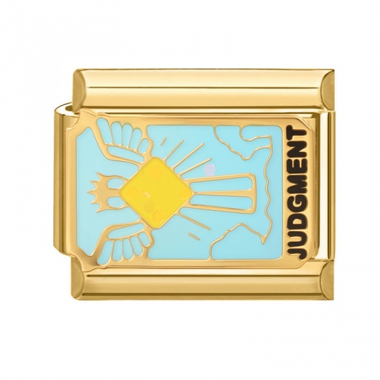 Picture of 1 Piece 304 Stainless Steel Tarot Italian Charm Links For DIY Bracelet Jewelry Making Wholesale Gold Plated Blue Enamel Rectangle Message " Judgment " 10mm x 9mm