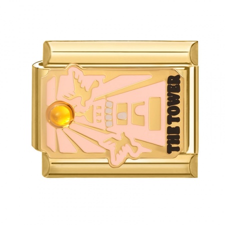 Picture of 1 Piece 304 Stainless Steel Tarot Italian Charm Links For DIY Bracelet Jewelry Making Wholesale Gold Plated Peachy Beige Enamel Rectangle Message " THE TOWER " 10mm x 9mm