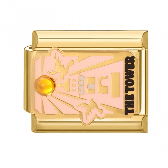 Picture of 1 Piece 304 Stainless Steel Tarot Italian Charm Links For DIY Bracelet Jewelry Making Wholesale Gold Plated Peachy Beige Enamel Rectangle Message " THE TOWER " 10mm x 9mm