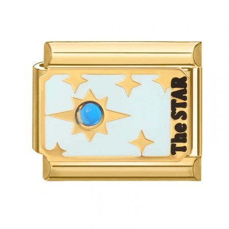 Picture of 1 Piece 304 Stainless Steel Tarot Italian Charm Links For DIY Bracelet Jewelry Making Wholesale Gold Plated Light Blue Enamel Rectangle Message " THE STAR " 10mm x 9mm