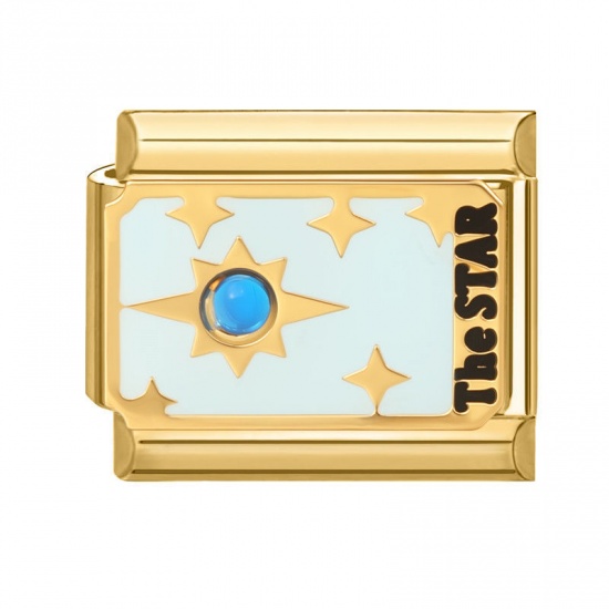 Picture of 1 Piece 304 Stainless Steel Tarot Italian Charm Links For DIY Bracelet Jewelry Making Wholesale Gold Plated Light Blue Enamel Rectangle Message " THE STAR " 10mm x 9mm