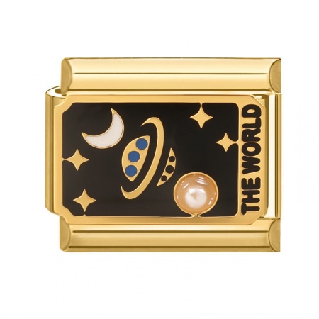 Picture of 1 Piece 304 Stainless Steel Tarot Italian Charm Links For DIY Bracelet Jewelry Making Wholesale Gold Plated Black Enamel Rectangle Message " THE WORLD " 10mm x 9mm
