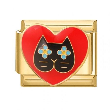 Picture of 1 Piece 304 Stainless Steel Valentine's Day Italian Charm Links For DIY Bracelet Jewelry Making Wholesale Gold Plated Red Enamel Rectangle Cat 10mm x 9mm