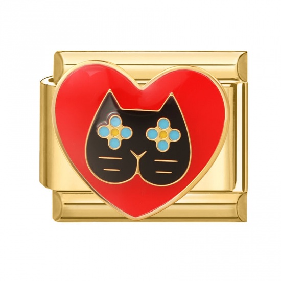 Immagine di 1 Pz 304 Acciaio Inossidabile San Valentino Bracciale con Charm Italiano a Maglie, Creazione di Gioielli Fai-da-te All'Ingrosso Oro Placcato Rosso Smalto Rettangolo Gatto 10mm x 9mm
