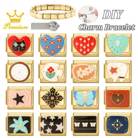 Immagine di 1 Pz 304 Acciaio Inossidabile San Valentino Bracciale con Charm Italiano a Maglie, Creazione di Gioielli Fai-da-te All'Ingrosso Oro Placcato Rosso Smalto Rettangolo Gatto 10mm x 9mm