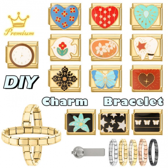 Immagine di 1 Pz 304 Acciaio Inossidabile San Valentino Bracciale con Charm Italiano a Maglie, Creazione di Gioielli Fai-da-te All'Ingrosso Oro Placcato Rosso Smalto Rettangolo Gatto 10mm x 9mm