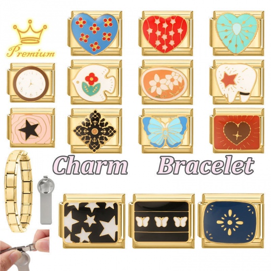Immagine di 1 Pz 304 Acciaio Inossidabile San Valentino Bracciale con Charm Italiano a Maglie, Creazione di Gioielli Fai-da-te All'Ingrosso Oro Placcato Rosso Smalto Rettangolo Gatto 10mm x 9mm
