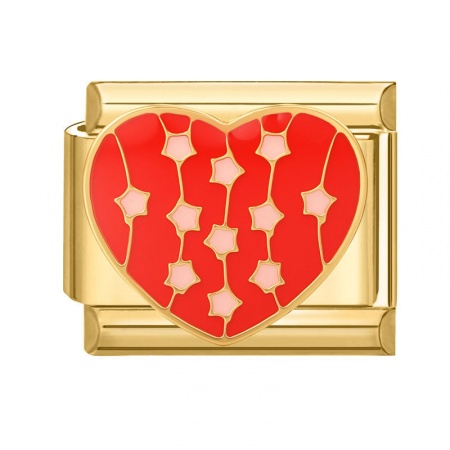 Picture of 1 Piece 304 Stainless Steel Valentine's Day Italian Charm Links For DIY Bracelet Jewelry Making Wholesale Gold Plated Red Enamel Rectangle Heart 10mm x 9mm