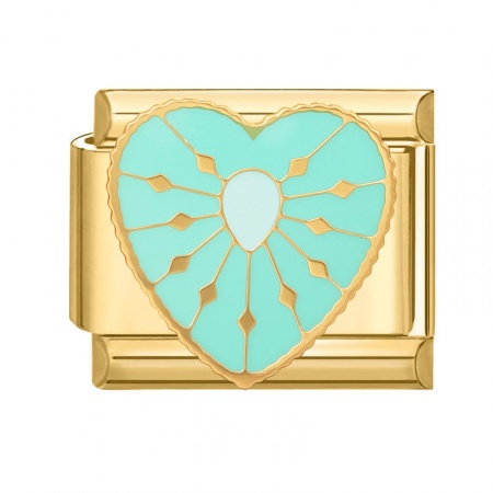 Picture of 1 Piece 304 Stainless Steel Valentine's Day Italian Charm Links For DIY Bracelet Jewelry Making Wholesale Gold Plated Green Enamel Rectangle Heart 10mm x 9mm