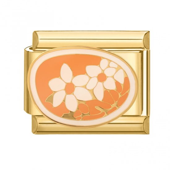 Immagine di 1 Pz 304 Acciaio Inossidabile Bracciale con Charm Italiano a Maglie, Creazione di Gioielli Fai-da-te All'Ingrosso Oro Placcato Arancione Smalto Rettangolo Fiore 10mm x 9mm