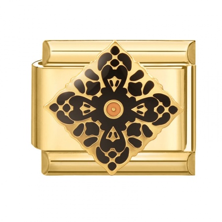 Picture of 1 Piece 304 Stainless Steel Italian Charm Links For DIY Bracelet Jewelry Making Wholesale Gold Plated Black Enamel Rectangle Flower 10mm x 9mm