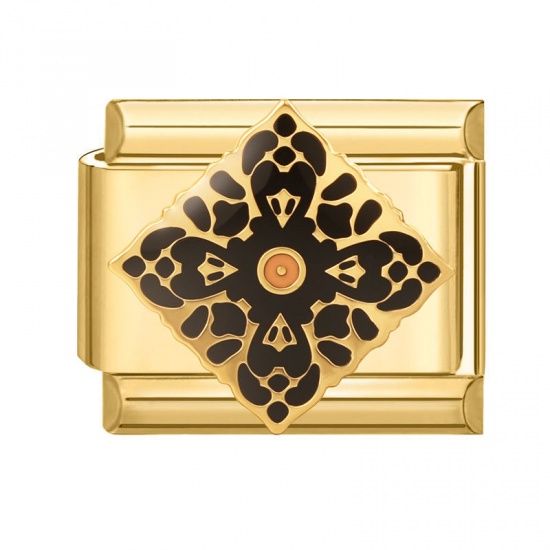 Immagine di 1 Pz 304 Acciaio Inossidabile Bracciale con Charm Italiano a Maglie, Creazione di Gioielli Fai-da-te All'Ingrosso Oro Placcato Nero Smalto Rettangolo Fiore 10mm x 9mm