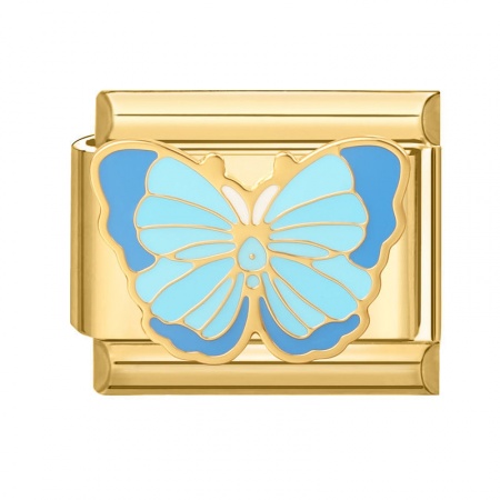Picture of 1 Piece 304 Stainless Steel Insect Italian Charm Links For DIY Bracelet Jewelry Making Wholesale Gold Plated Blue Enamel Rectangle Butterfly 10mm x 9mm