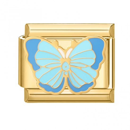 Immagine di 1 Pz 304 Acciaio Inossidabile Insetto Bracciale con Charm Italiano a Maglie, Creazione di Gioielli Fai-da-te All'Ingrosso Oro Placcato Blu Smalto Rettangolo Farfalla 10mm x 9mm