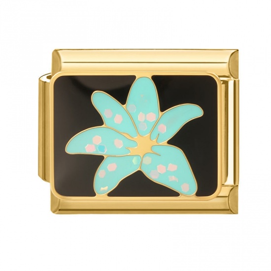 Immagine di 1 Pz 304 Acciaio Inossidabile Bracciale con Charm Italiano a Maglie, Creazione di Gioielli Fai-da-te All'Ingrosso Oro Placcato Blu Smalto Rettangolo Fiore 10mm x 9mm