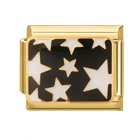 Picture of 1 Piece 304 Stainless Steel Italian Charm Links For DIY Bracelet Jewelry Making Wholesale Gold Plated Black Enamel Rectangle Pentagram Star 10mm x 9mm
