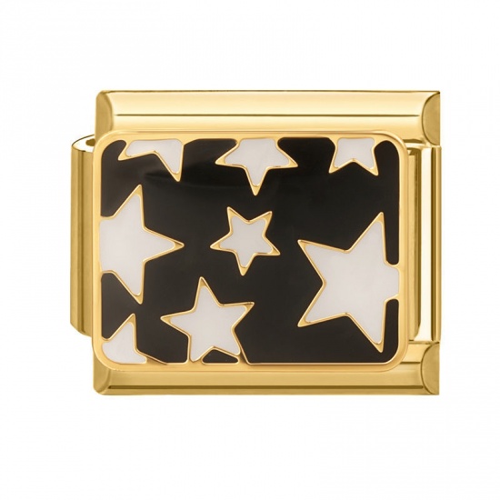 Immagine di 1 Pz 304 Acciaio Inossidabile Bracciale con Charm Italiano a Maglie, Creazione di Gioielli Fai-da-te All'Ingrosso Oro Placcato Nero Smalto Rettangolo Stella a Cinque Punte 10mm x 9mm
