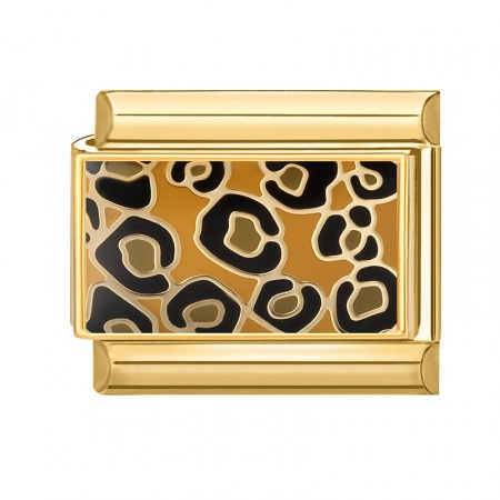 Picture of 1 Piece 304 Stainless Steel Italian Charm Links For DIY Bracelet Jewelry Making Wholesale Gold Plated Brown Rectangle Leopard Print 10mm x 9mm