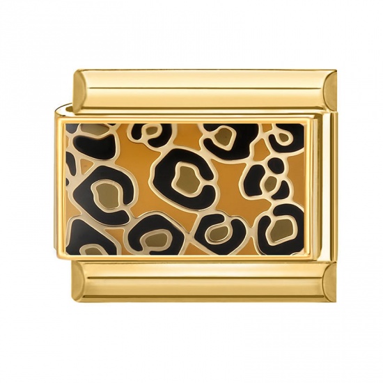 Picture of 1 Piece 304 Stainless Steel Italian Charm Links For DIY Bracelet Jewelry Making Wholesale Gold Plated Brown Rectangle Leopard Print 10mm x 9mm