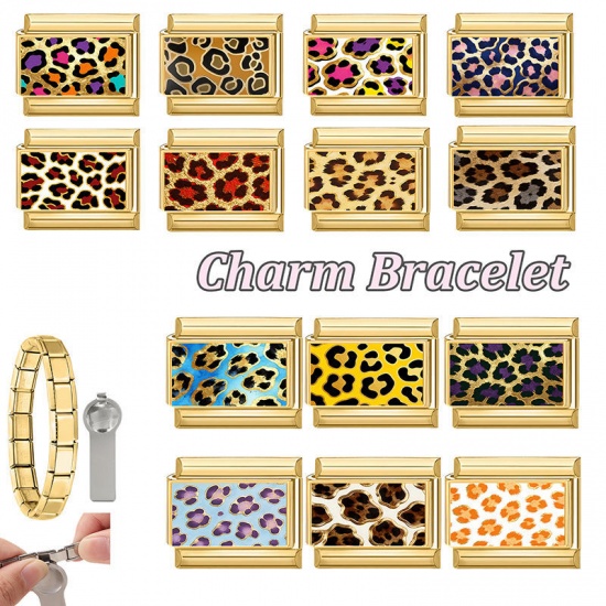 Picture of 1 Piece 304 Stainless Steel Italian Charm Links For DIY Bracelet Jewelry Making Wholesale Gold Plated Brown Rectangle Leopard Print 10mm x 9mm
